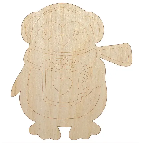 Winter Penguin with Hot Chocolate Heart Mug Unfinished Wood Shape Piece Cutout for DIY Craft Projects {2}