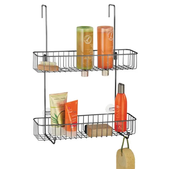 mDesign Wide Metal Over Door Hanging Shower Caddy, 2 Hooks and Baskets {1}
