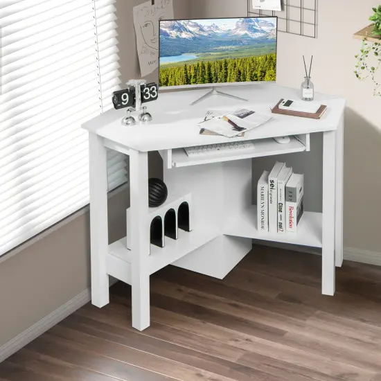 Costway Wooden Corner Desk With Drawer Computer PC Table Study Office Room White {4}