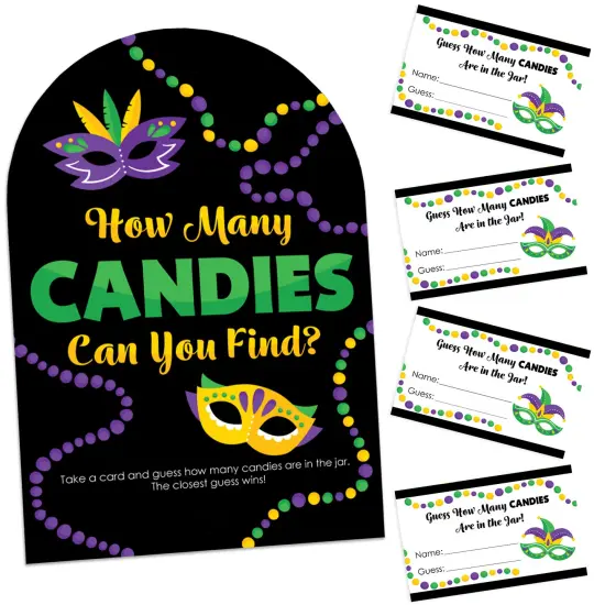 Big Dot of Happiness Colorful Mardi Gras Mask - How Many Candies Masquerade Party Game - 1 Stand and 40 Cards - Candy Guessing Game {1}