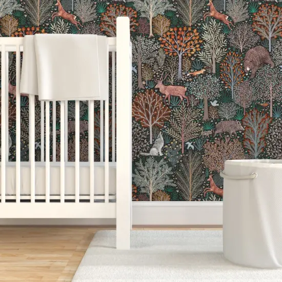 Pre-Pasted Wallpaper 2FT Wide Rustic Woodland Whimsical Forest Animals Deer Wolf Birds Trees Woods Nature Fall Autumn Leaves Custom Pre-pasted Wallpaper by Spoonflower {7}