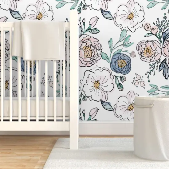 Pre-Pasted Wallpaper 2FT Wide Bloom Periwinkle Rose Blush Custom Pre-pasted Wallpaper by Spoonflower {7}