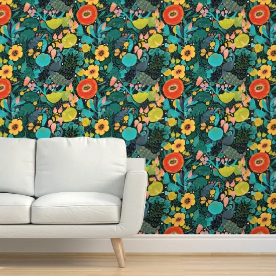 Peel & Stick Wallpaper 2FT Wide Mod Peacock Colorful Nature Floral Exotic Animal Boho Forest Modern Bird Custom Removable Wallpaper by Spoonflower {5}