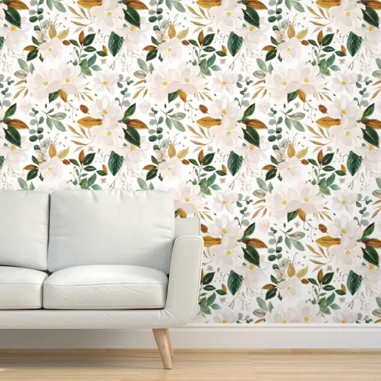 Pre-Pasted Wallpaper 2FT Wide Romantic Magnolia Oversized Flowers Watercolor Modern Feminine Cream Green Bronze Custom Pre-pasted Wallpaper by Spoonflower {5}