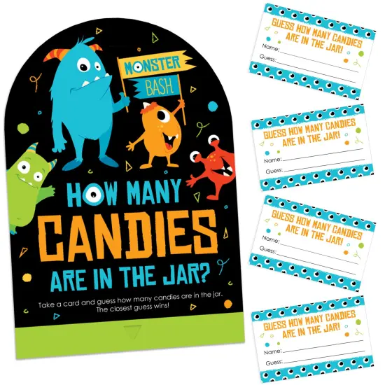 Big Dot of Happiness Monster Bash - How Many Candies Little Monster Birthday Party or Baby Shower Game - 1 Stand and 40 Cards - Candy Guessing Game {1}