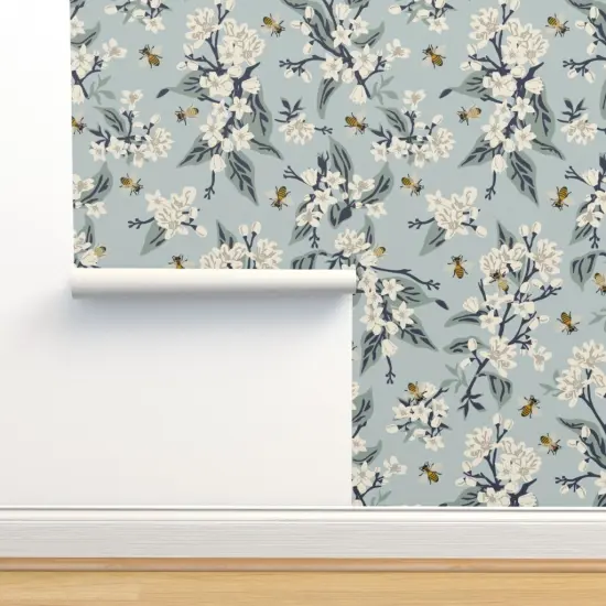 Peel & Stick Wallpaper 2FT Wide Vintage Inspired Modern Farmhouse Painted Honeybee White Floral Botanical Pastel Blue Custom Removable Wallpaper by Spoonflower {2}