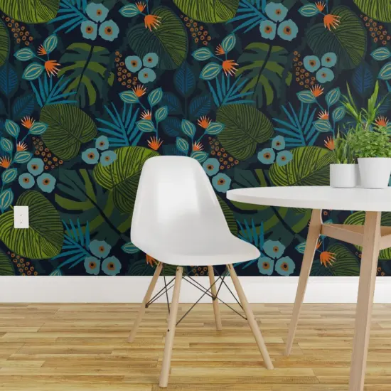 Peel & Stick Wallpaper 2FT Wide Tropical Fun Blue Green Teal Flora Custom Removable Wallpaper by Spoonflower {1}