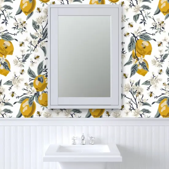 Pre-Pasted Wallpaper 2FT Wide Honey Bees Citrus Floral Mustard Yellow Transitional Style Modern Farmhouse Custom Pre-pasted Wallpaper by Spoonflower {6}
