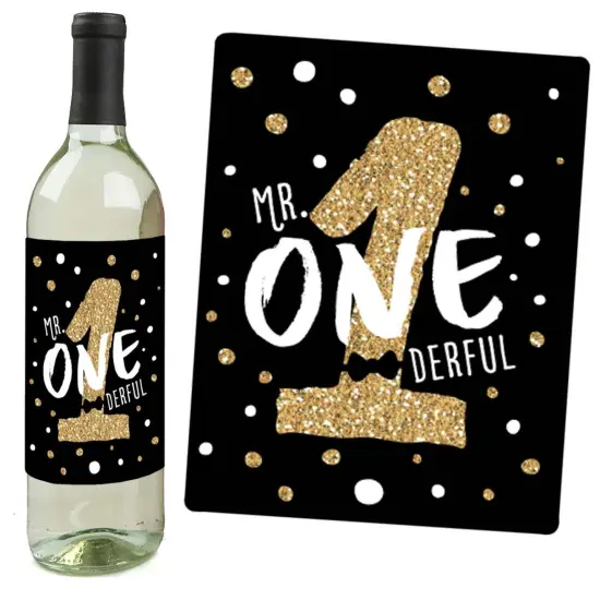 Big Dot of Happiness 1st Birthday Little Mr. Onederful - Boy First Birthday Party Decorations for Women & Men - Wine Bottle Label Stickers - Set of 4 {6}