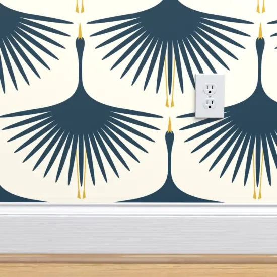 Pre-Pasted Wallpaper 2FT Wide Dark Blue Swans And Cream Mid Century Modern Art Deco Inspired Flying Cranes Custom Pre-pasted Wallpaper by Spoonflower {4}