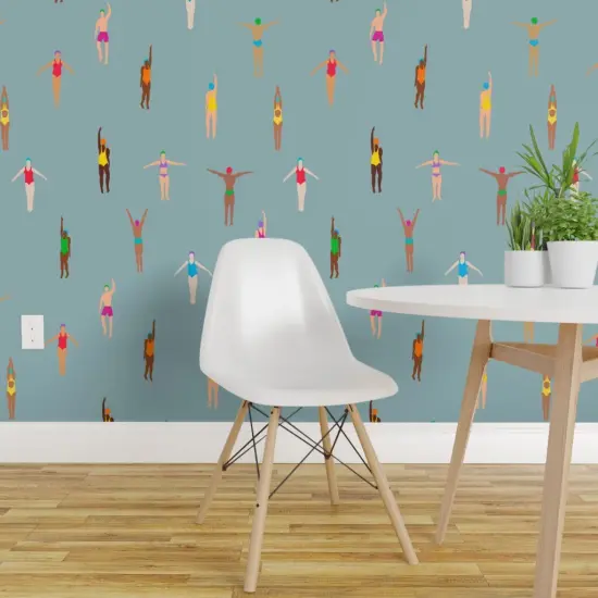 Peel & Stick Wallpaper 2FT Wide Swimmers Blue Vintage Water Holiday Summer Ocean Custom Removable Wallpaper by Spoonflower {1}