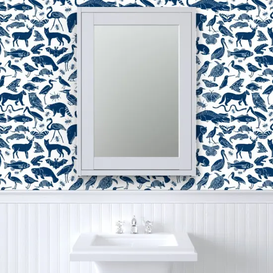 Peel & Stick Wallpaper 2FT Wide Animals Navy Blue Zoo Botanical Nursery Kids Custom Removable Wallpaper by Spoonflower {6}
