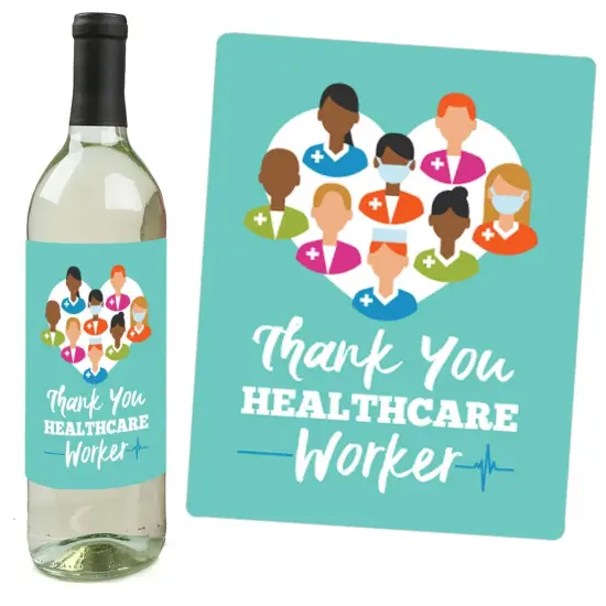 Big Dot of Happiness Thank You Healthcare Workers - Doctor and Nurse Appreciation Decorations for Women & Men - Wine Bottle Label Stickers - Set of 4 {6}