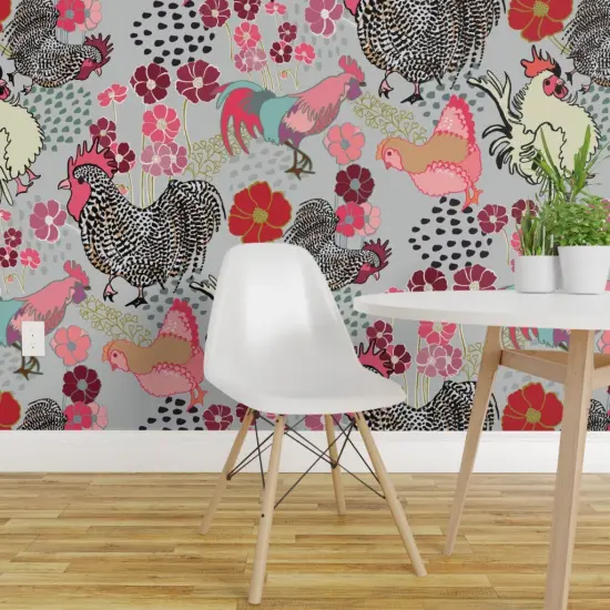 Peel & Stick Wallpaper 2FT Wide Rooster Parade Barnyard Chickens Farm Birds Floral Print Roosters Fowl Pink Custom Removable Wallpaper by Spoonflower {1}