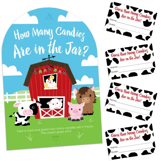 Big Dot of Happiness Farm Animals - How Many Candies Barnyard Baby Shower or Birthday Party Game - 1 Stand and 40 Cards - Candy Guessing Game {1}