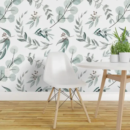 Pre-Pasted Wallpaper 2FT Wide Painted Eucalyptus Australian Flora Botanical Garden Watercolor Nature Leaf Custom Pre-pasted Wallpaper by Spoonflower {1}