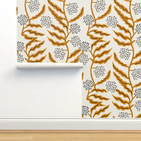 Peel & Stick Wallpaper 2FT Wide Boho Gold Floral Modern Botanical Mustard Garden Vine Abstract Custom Removable Wallpaper by Spoonflower {2}