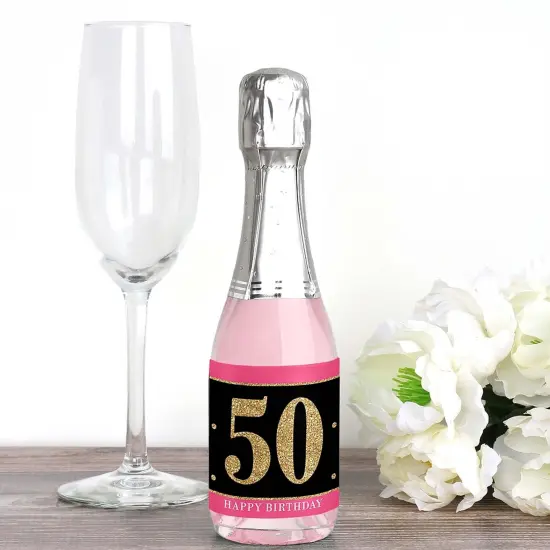 Big Dot of Happiness Chic 50th Birthday - Pink, Black and Gold - Mini Wine and Champagne Bottle Label Stickers - Birthday Party Favor Gift - Set of 16 {3}