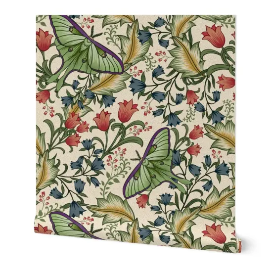 Peel & Stick Wallpaper 2FT Wide Victorian Luna Moth Arts And Crafts Pollinators Art Nouveau Entomology Lepidoptera Custom Removable Wallpaper by Spoonflower {7}
