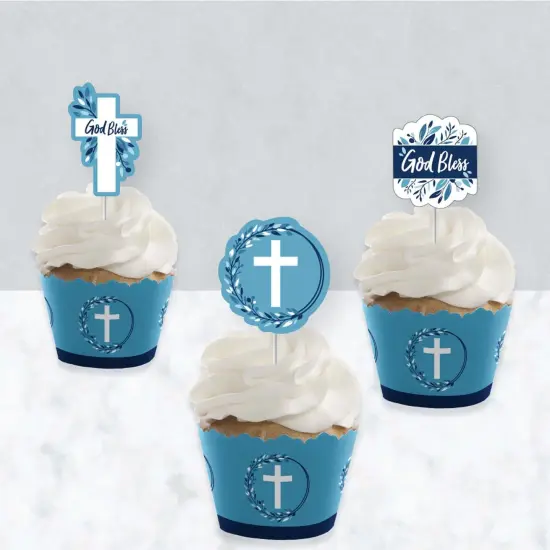 Big Dot of Happiness Blue Elegant Cross - Cupcake Decoration - Boy Religious Party Cupcake Wrappers and Treat Picks Kit - Set of 24 {4}