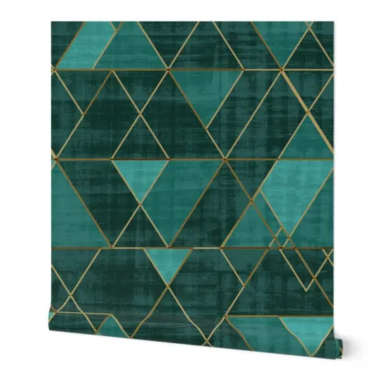Peel & Stick Wallpaper 2FT Wide Geometric Modern Triangles Abstract Blue Green Gold Boho Glam Custom Removable Wallpaper by Spoonflower {7}