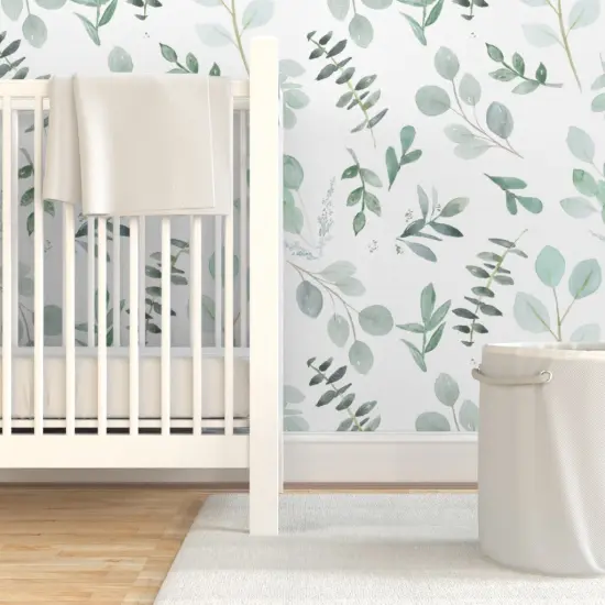 Pre-Pasted Wallpaper 2FT Wide Eucalyptus Leaves Foliage Mint Green Watercolor Botanical Blue Watercolour Greenery Aquarelle Cool Tones Seeded Eucalyptus Custom Pre-pasted Wallpaper by Spoonflower {7}