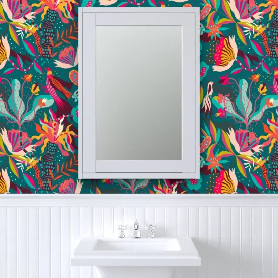 Pre-Pasted Wallpaper 2FT Wide Tropical Blooms Bright Flowers Bloom Wallpaper Tropical Midnight Exotic Rainforest Abundance Layered Adventure Surrealism Depth Palmtree Birds Custom Pre-pasted Wallpaper by Spoonflower {6}