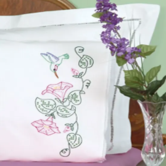 Jack Dempsey Stamped Pillowcases W/White Lace Edge 2/Pkg-Hummingbird {3}