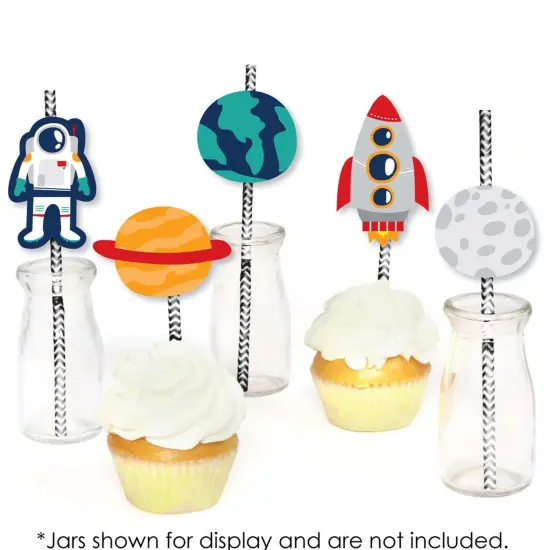 Big Dot of Happiness Blast Off to Outer Space - Paper Straw Decor - Rocket Ship Baby Shower or Birthday Party Striped Decorative Straws - Set of 24 {7}