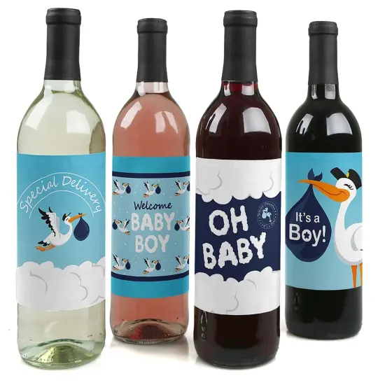 Big Dot of Happiness Boy Special Delivery - Blue It's A Boy Stork Baby Shower Decorations for Women and Men - Wine Bottle Label Stickers - Set of 4 {1}