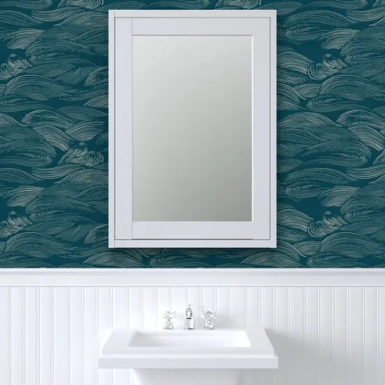 Pre-Pasted Wallpaper 2FT Wide Blue Waves Abstract Water Sea Ocean Marine Teal Custom Pre-pasted Wallpaper by Spoonflower {6}