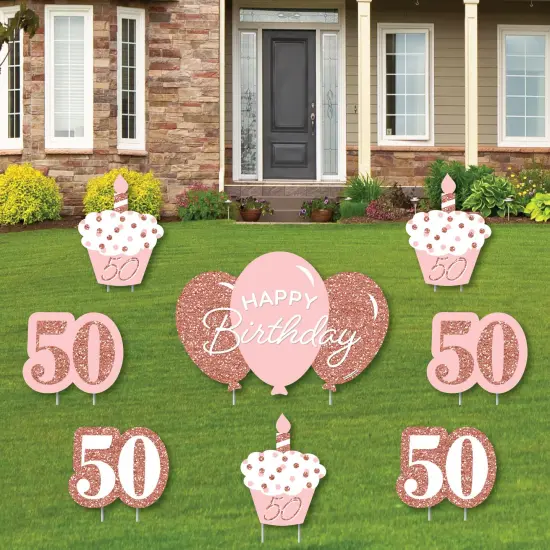 Big Dot of Happiness 50th Pink Rose Gold Birthday - Yard Sign and Outdoor Lawn Decorations - Happy Birthday Party Yard Signs - Set of 8 {1}