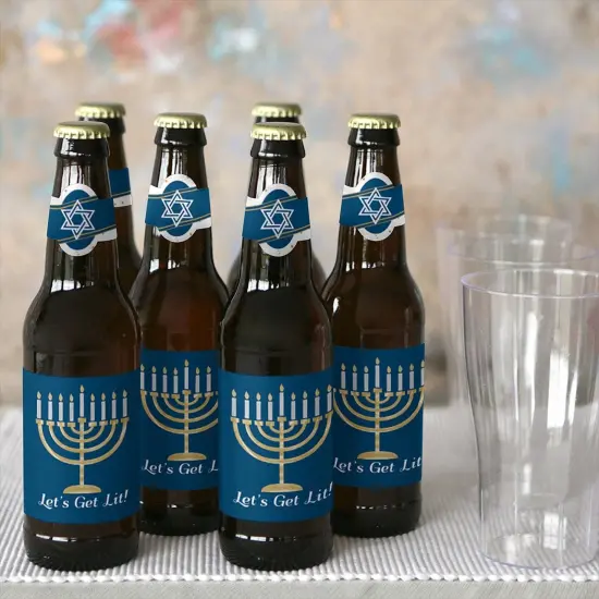 Big Dot of Happiness Happy Hanukkah - Chanukah Decorations for Women and Men - 6 Beer Bottle Label Stickers and 1 Carrier {6}