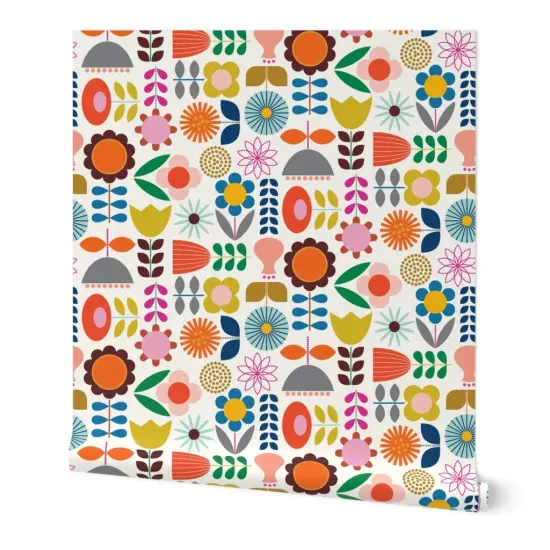 Peel & Stick Wallpaper 2FT Wide Scandinavian Scandi Style Folk Art Inspired Colorful Mod Floral Flower Daisy Tulip Garden Custom Removable Wallpaper by Spoonflower {7}