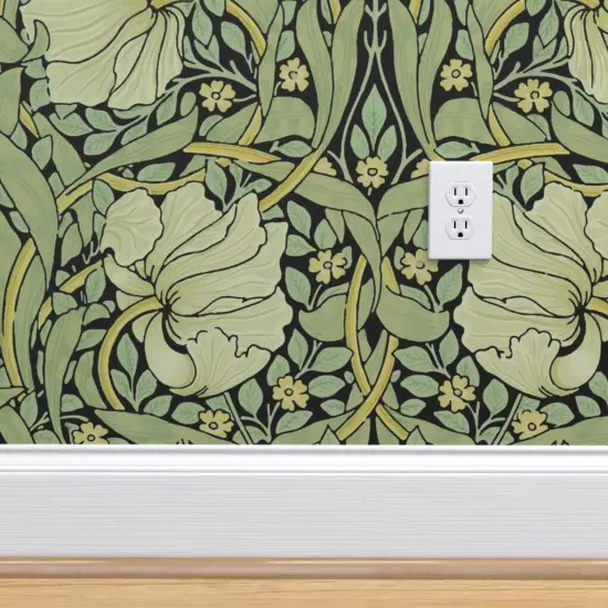 Peel & Stick Wallpaper 2FT Wide Victorian Floral Vintage Style Morris Inspired Damask Pimpernel Flowers Sage Black Custom Removable Wallpaper by Spoonflower {4}