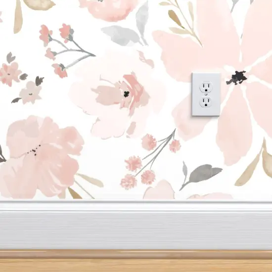 Pre-Pasted Wallpaper 2FT Wide Pastel Floral Blush Pink Peach Flowers Jumbo Scale Feminine Watercolor Custom Pre-pasted Wallpaper by Spoonflower {4}