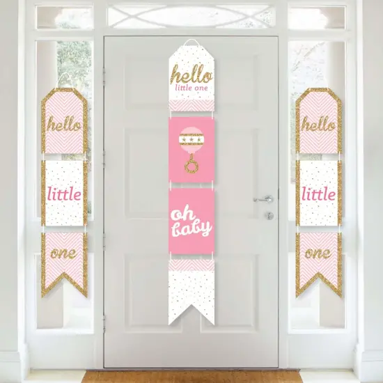 Big Dot of Happiness Hello Little One - Pink and Gold - Hanging Vertical Paper Door Banners - Girl Baby Shower Wall Decoration Kit - Indoor Door Decor {1}