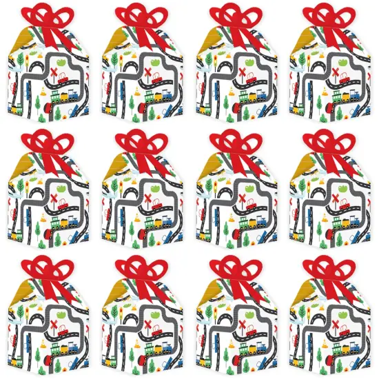 Big Dot of Happiness Cars, Trains, and Airplanes - Square Favor Gift Boxes - Transportation Birthday Party Bow Boxes - Set of 12 {6}