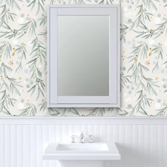 Peel & Stick Wallpaper 2FT Wide Leaves Gray Watercolor Botanical Blue Green Watercolour Eucalyptus Custom Removable Wallpaper by Spoonflower {6}