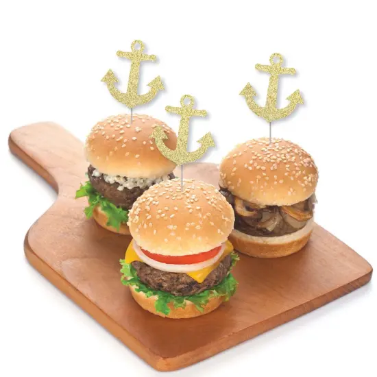 Big Dot of Happiness Gold Glitter Anchor - No-Mess Real Gold Glitter Dessert Cupcake Toppers - Nautical Party Clear Treat Picks - Set of 24 {4}