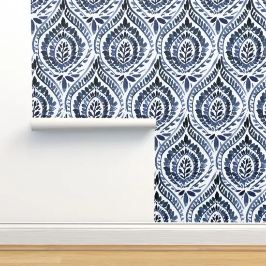 Peel & Stick Wallpaper 2FT Wide Bohemian Leaf Mandala Dark Indigo Blue Boho Botanical Leaves Custom Removable Wallpaper by Spoonflower {2}