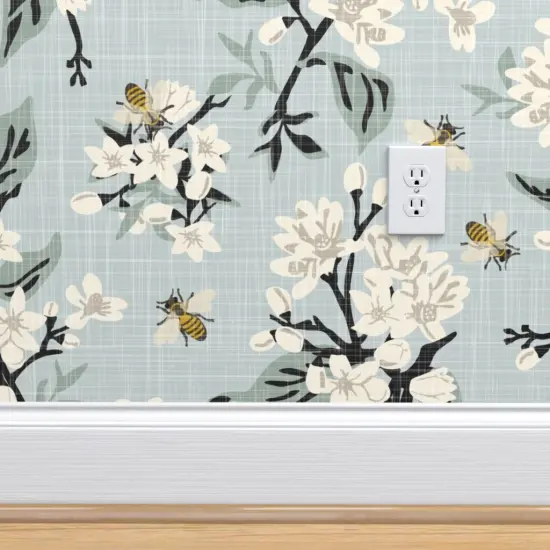 Peel & Stick Wallpaper 2FT Wide Flowers On Blue White Floral Traditional Honeybee Farmhouse Faux Texture Citrus Custom Removable Wallpaper by Spoonflower {4}