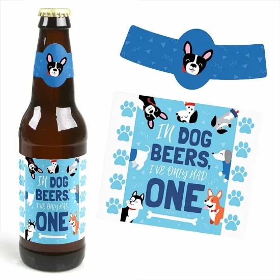 Big Dot of Happiness Pawty Like a Puppy - Dog Baby Shower or Birthday Party Decorations for Women and Men - 6 Beer Bottle Label Stickers and 1 Carrier {6}