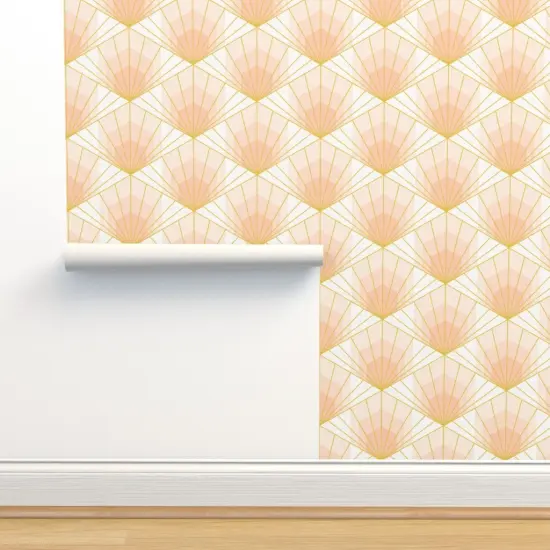 Pre-Pasted Wallpaper 2FT Wide Deco Sunrise Scale Apricot Shaw Pink White Retro Gold Geometric Neutral Custom Pre-pasted Wallpaper by Spoonflower {2}