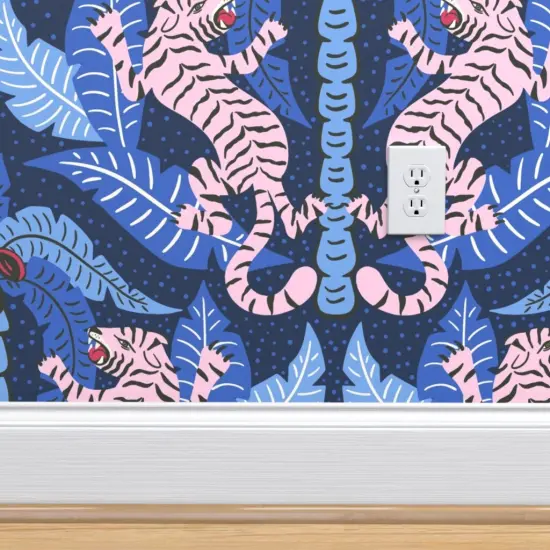 Peel & Stick Wallpaper 2FT Wide Maximalist Damask Tiger Jungle Blue Cobalt Tropical Palms Blush Pink Bright Animalier Big Cat Custom Removable Wallpaper by Spoonflower {4}