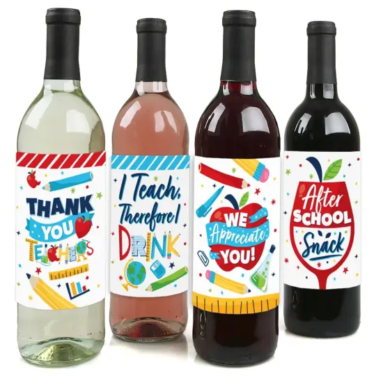 Big Dot of Happiness Thank You Teachers - Teacher Appreciation Christmas Gifts Decorations for Women and Men - Wine Bottle Label Stickers - Set of 4 {1}
