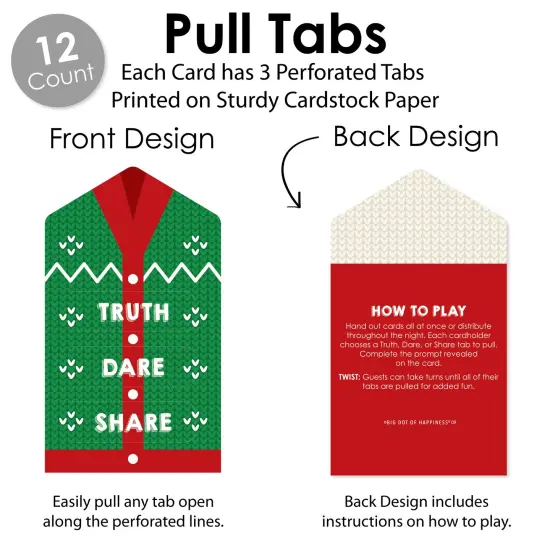 Big Dot of Happiness Ugly Sweater - Holiday and Christmas Party Game Pickle Cards - Truth, Dare, Share Pull Tabs - Set of 12 {4}