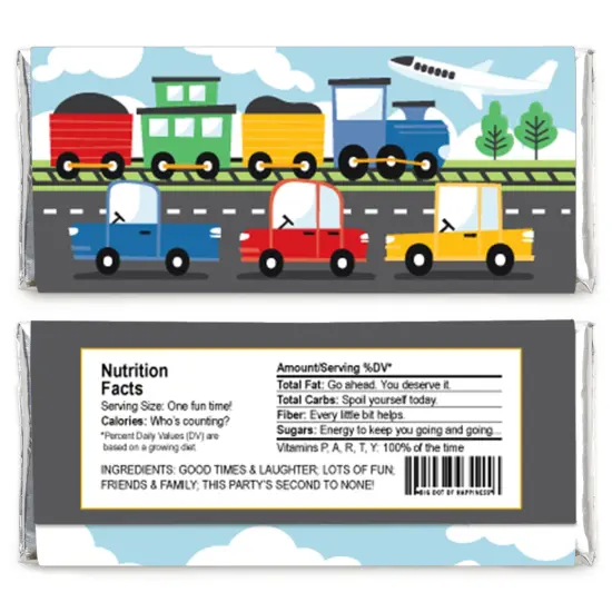 Big Dot of Happiness Cars, Trains, and Airplanes - Candy Bar Wrapper Transportation Birthday Party Favors - Set of 24 {3}