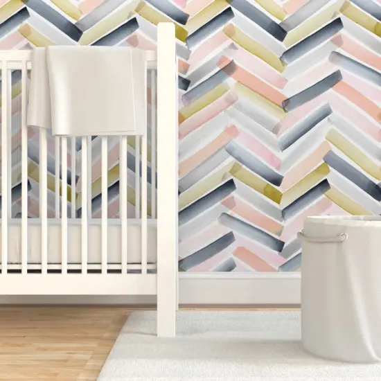 Pre-Pasted Wallpaper 2FT Wide Chevron Blush Navy Pink Stripe Gray Mustard Modern Watercolor Herringbone Geometric Custom Pre-pasted Wallpaper by Spoonflower {7}