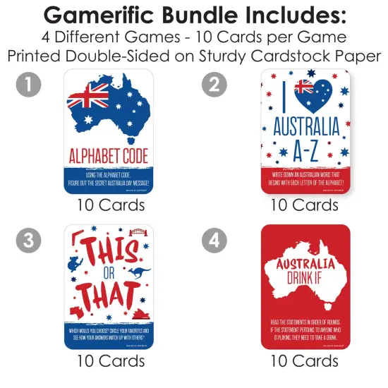Big Dot of Happiness Australia Day - 4 G&rsquo;Day Mate Aussie Party Games - 10 Cards Each - Gamerific Bundle {4}